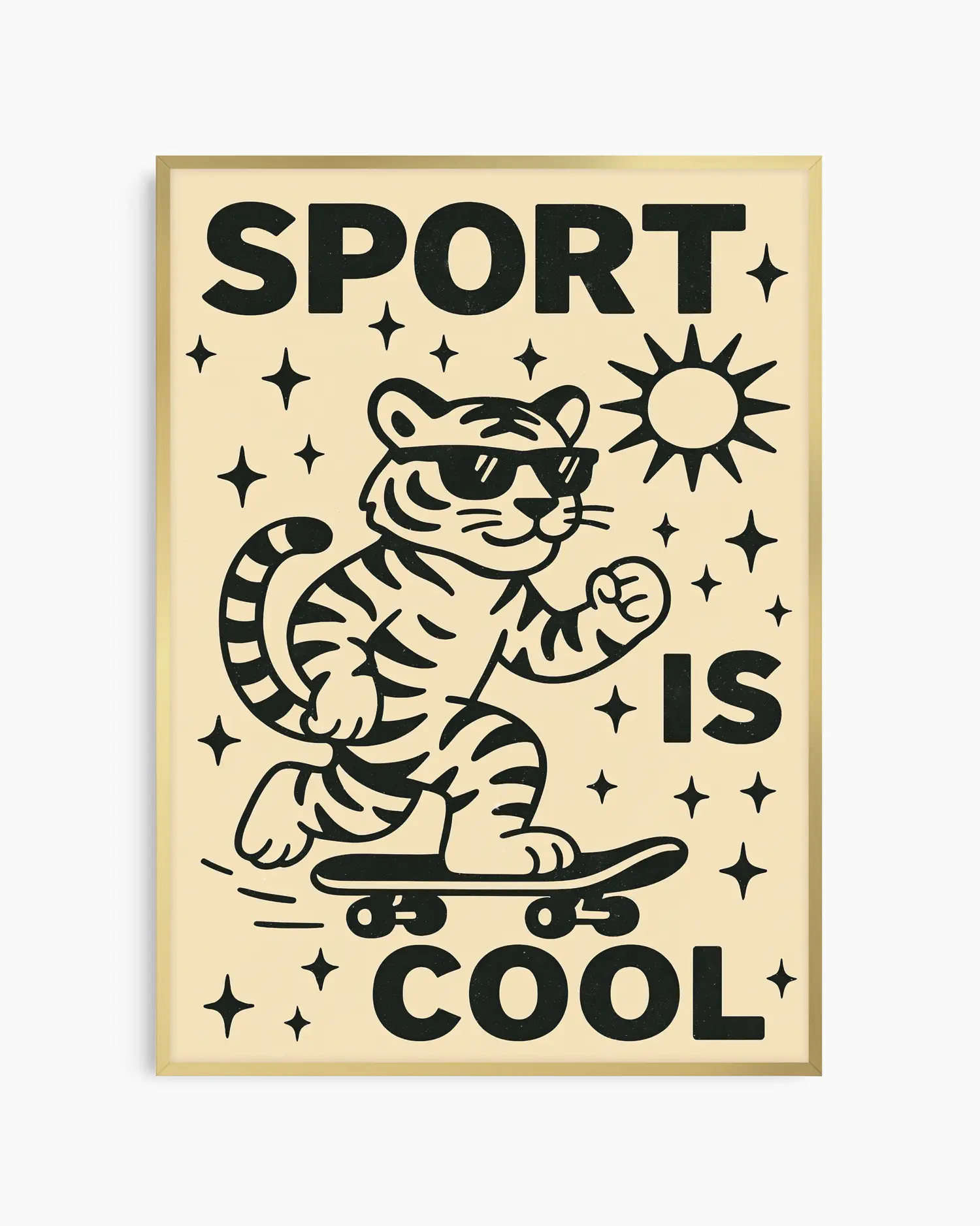Poster with a tiger on a skateboard and 'Sport is Cool' text on a beige background