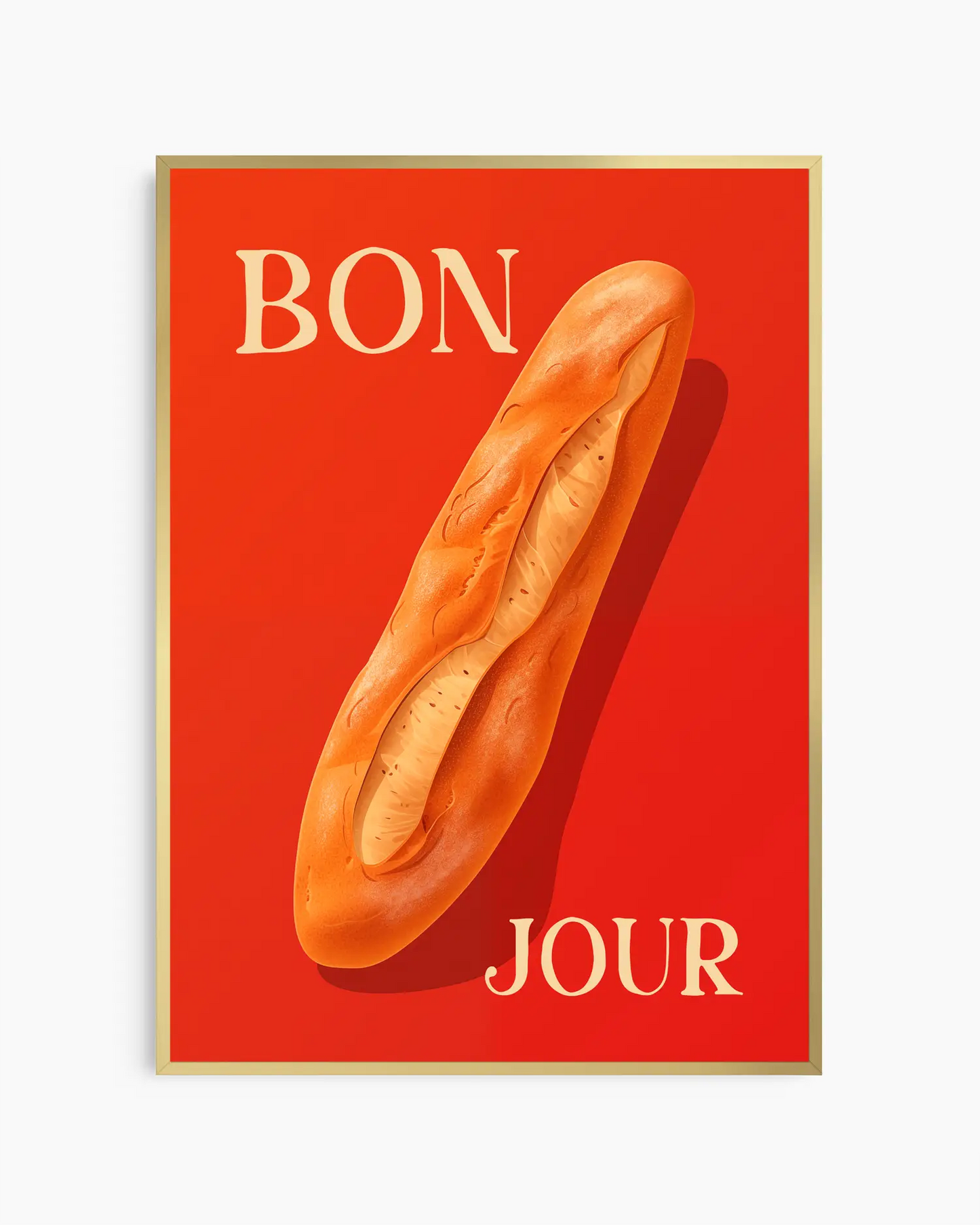 Nursery poster with a baguette on a red background with 'BONJOUR' text. Framed in a golden aluminium frame.