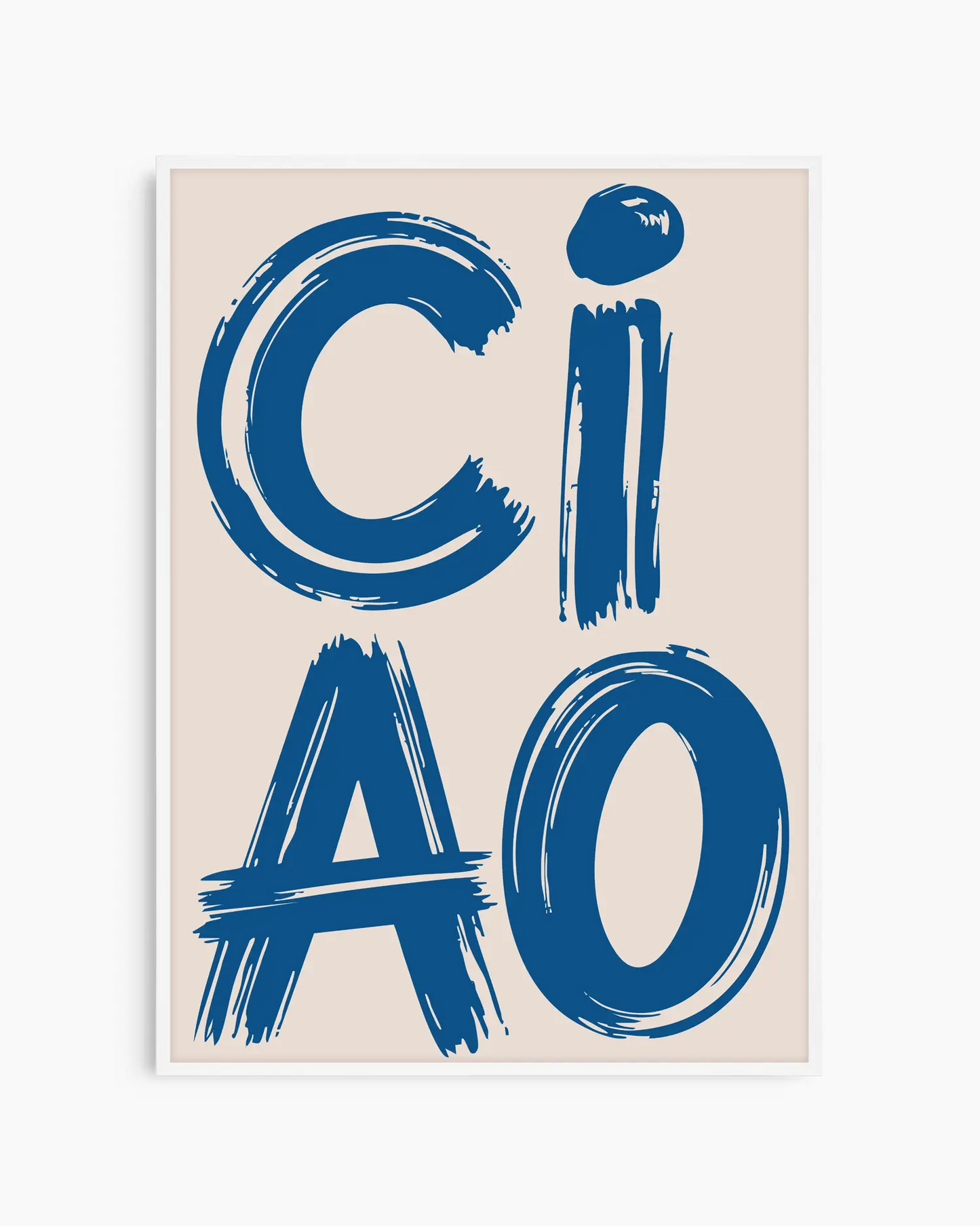 Nursery poster with 'CIAO' in blue on a beige background, framed in a white wooden frame.