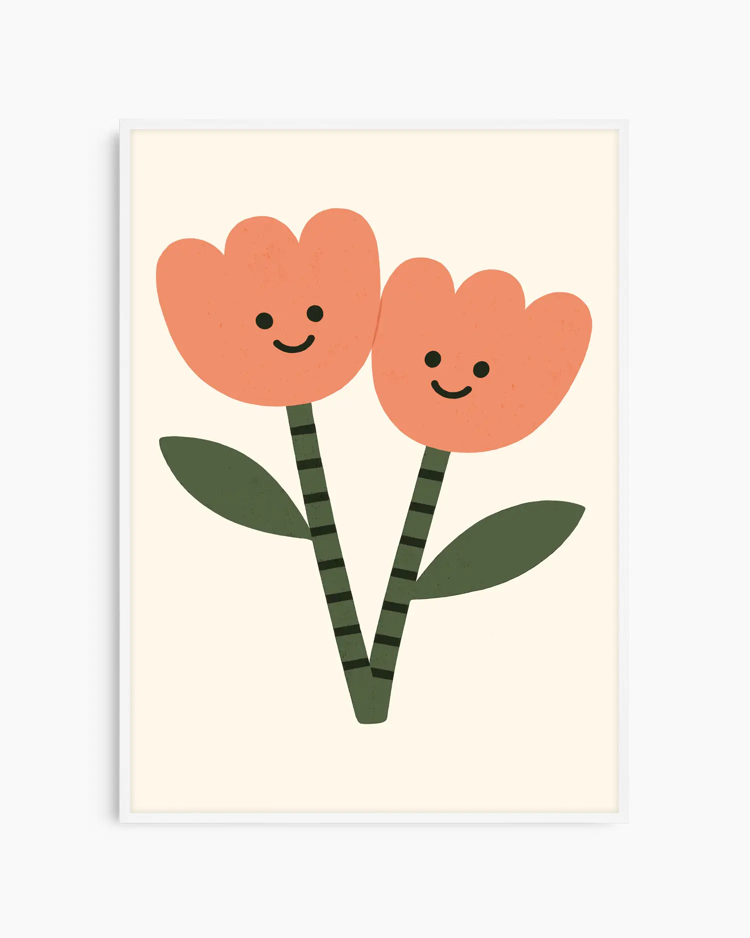 Two smiling orange flowers with green stems and leaves on a beige background