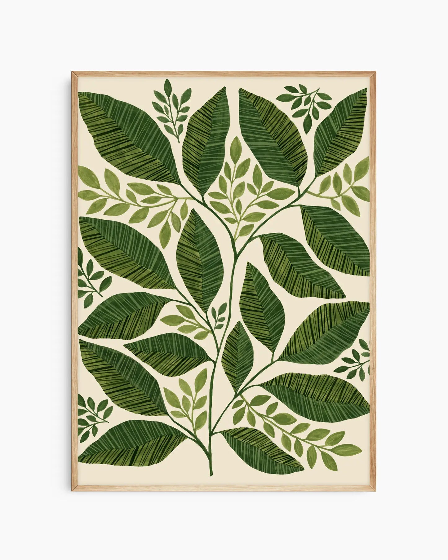 Framed artwork with green leaf pattern on a beige background