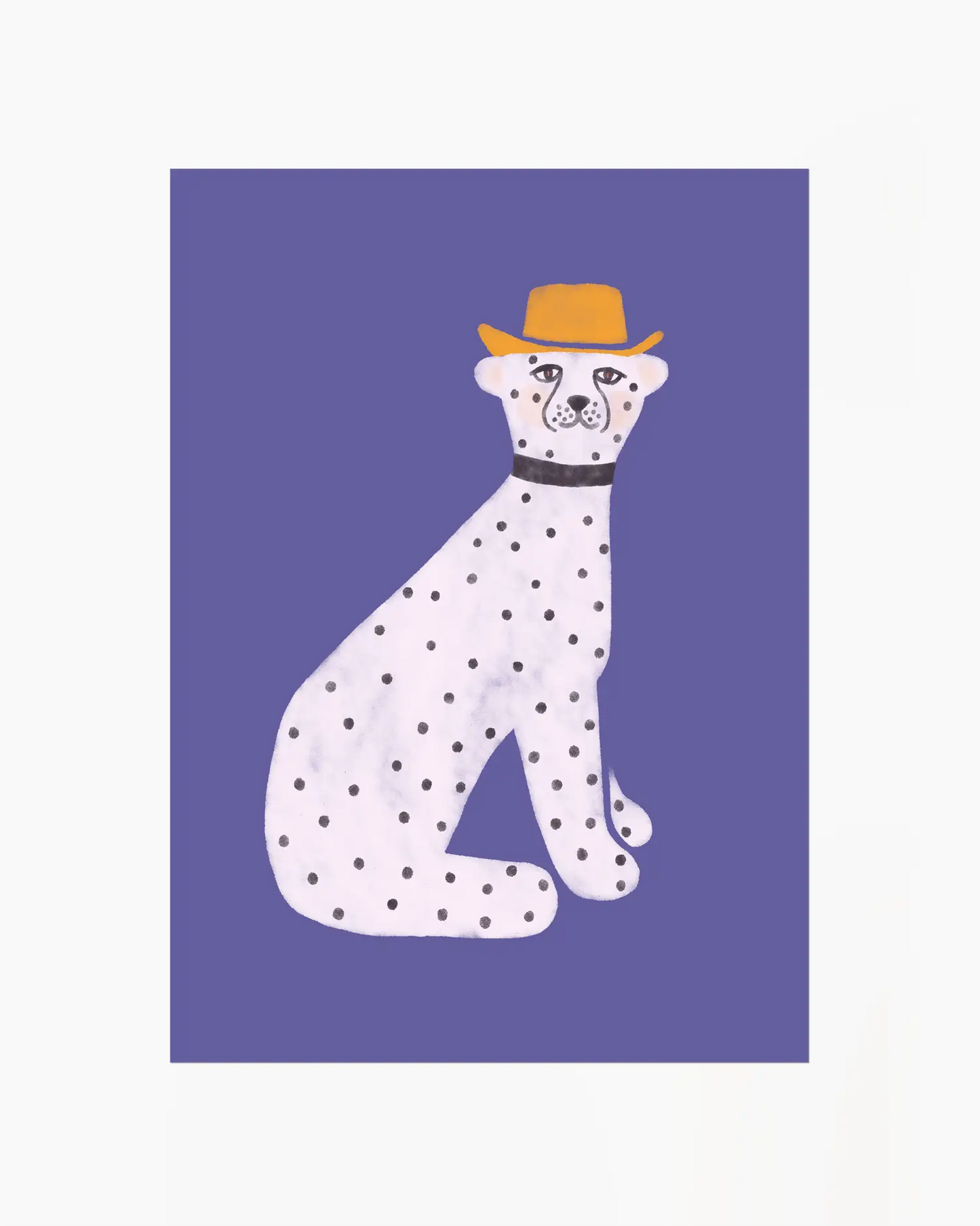 Polka dot dog illustration wearing a hat on a purple background