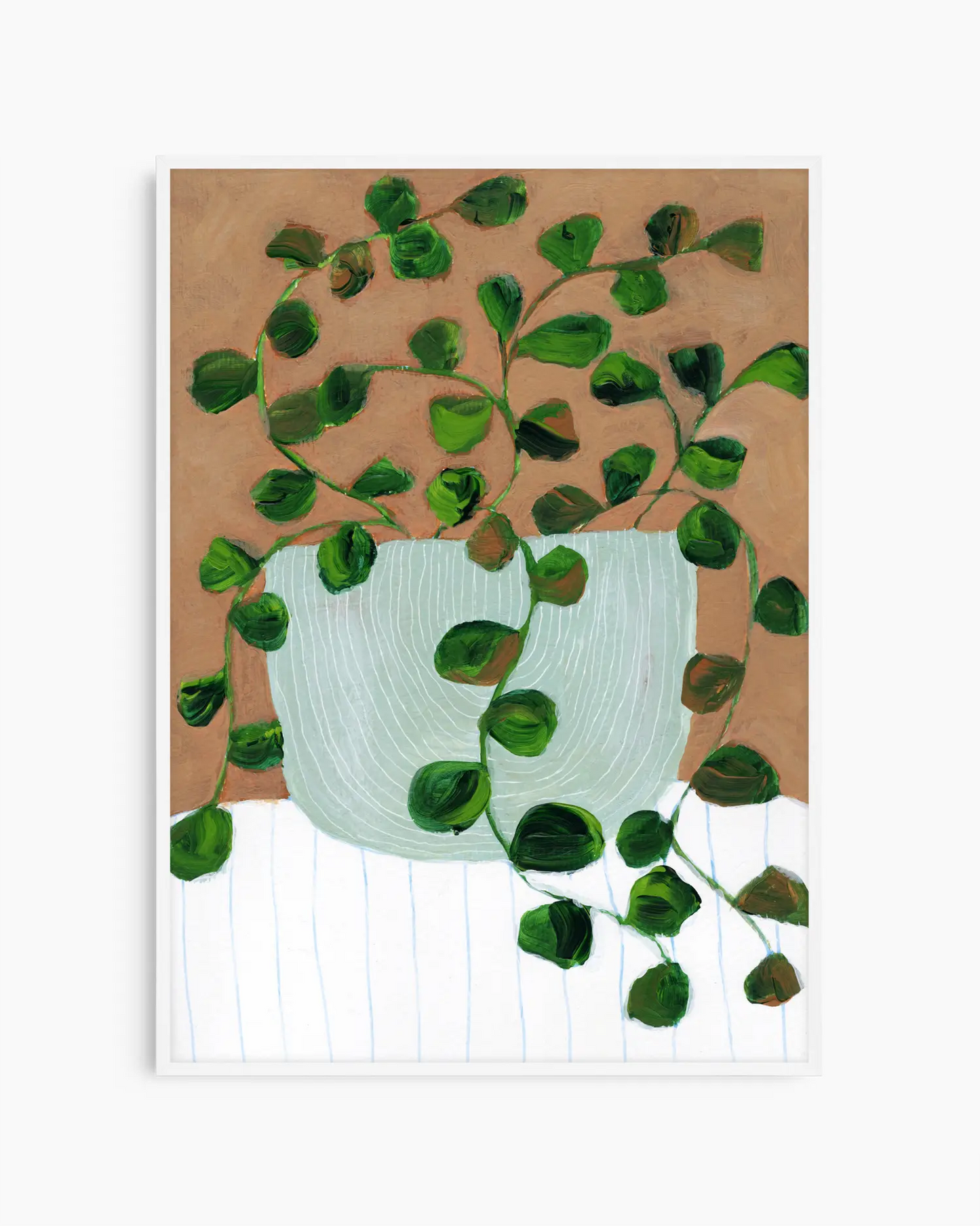 Art print of a green leafy plant in a white pot on a brown background