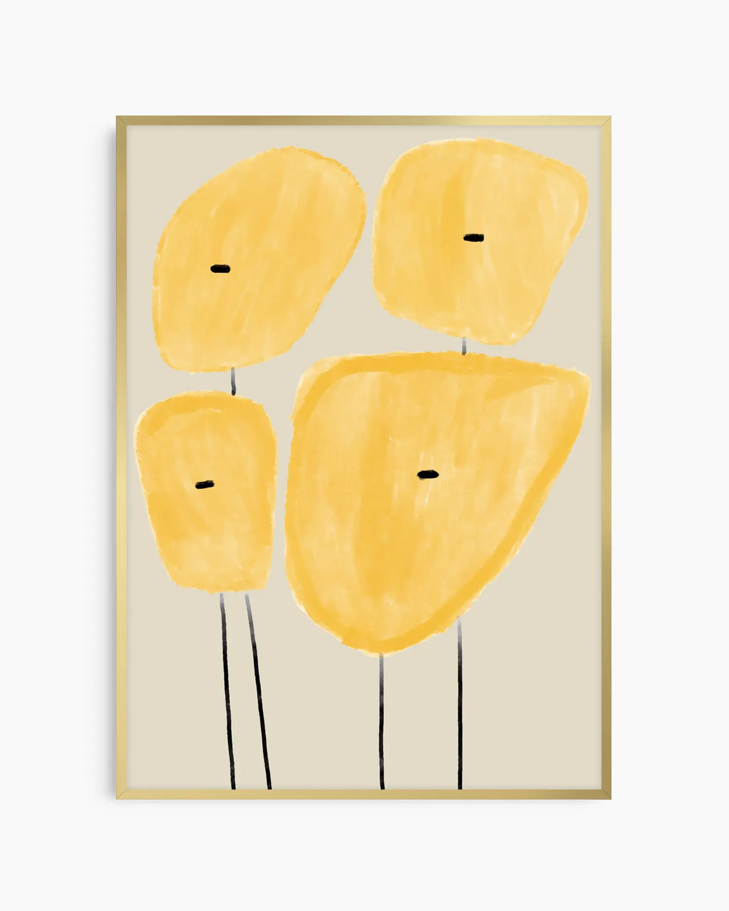 Framed abstract art with yellow shapes on a beige background