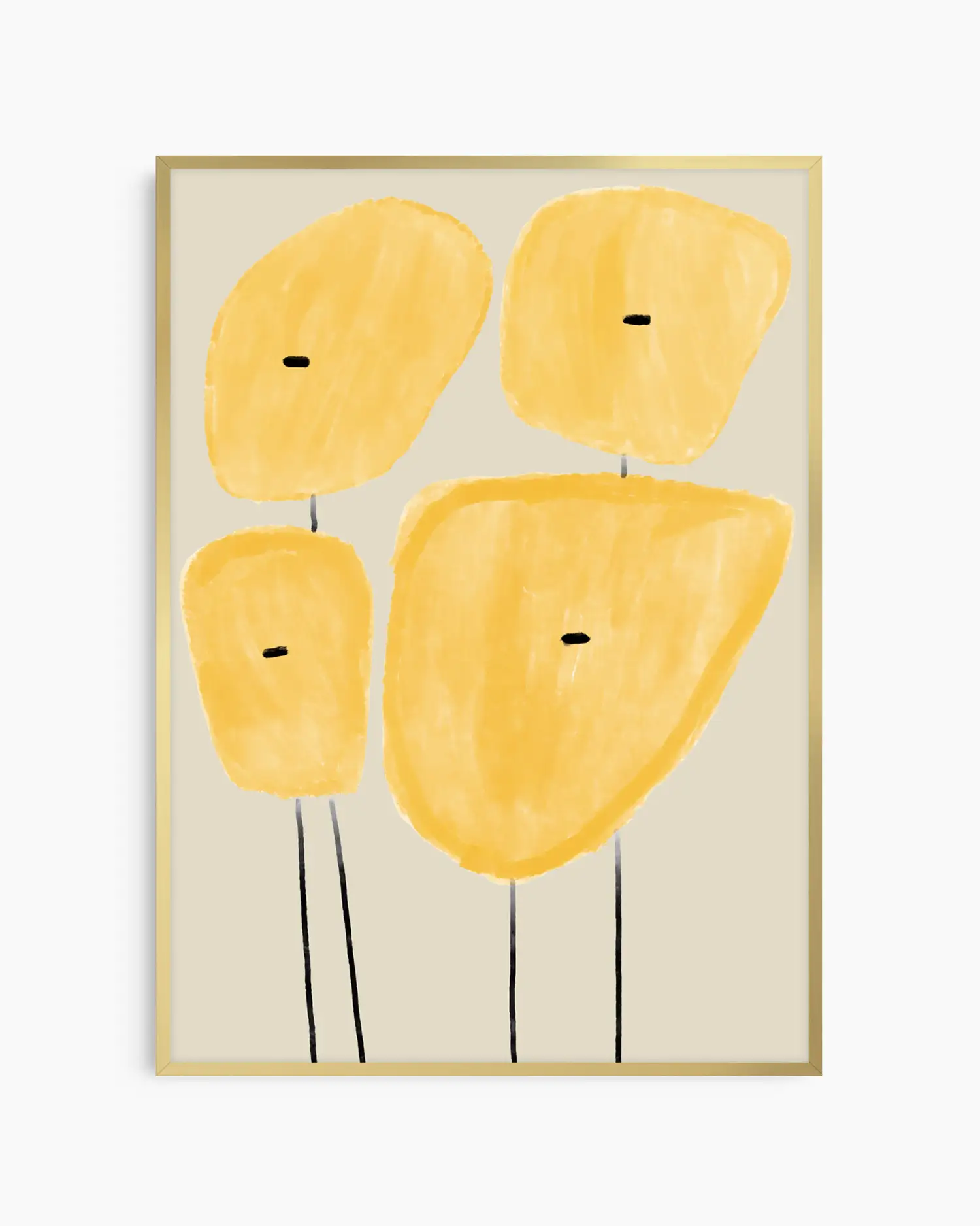 Framed abstract art with yellow shapes on a beige background