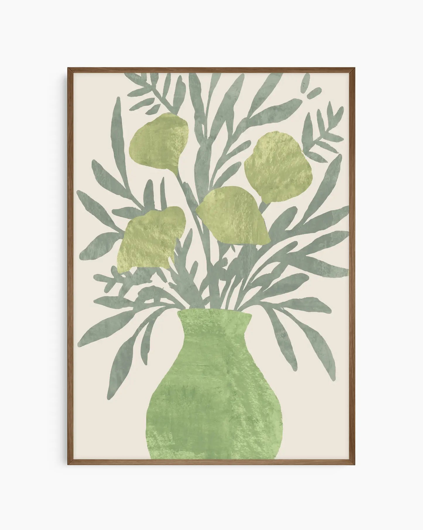 Framed artwork of a green vase with leaves on a beige background
