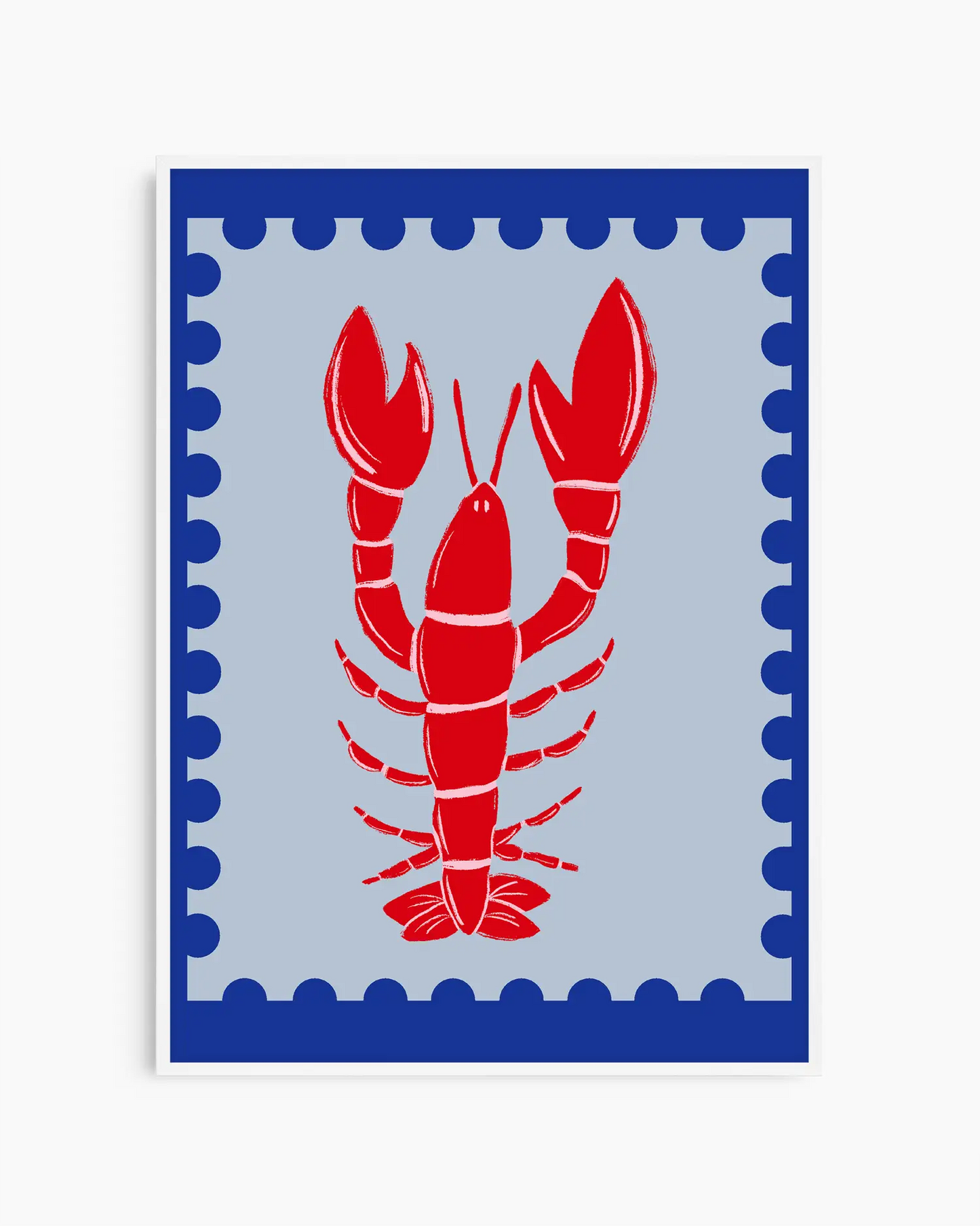Red lobster illustration on a blue and white background