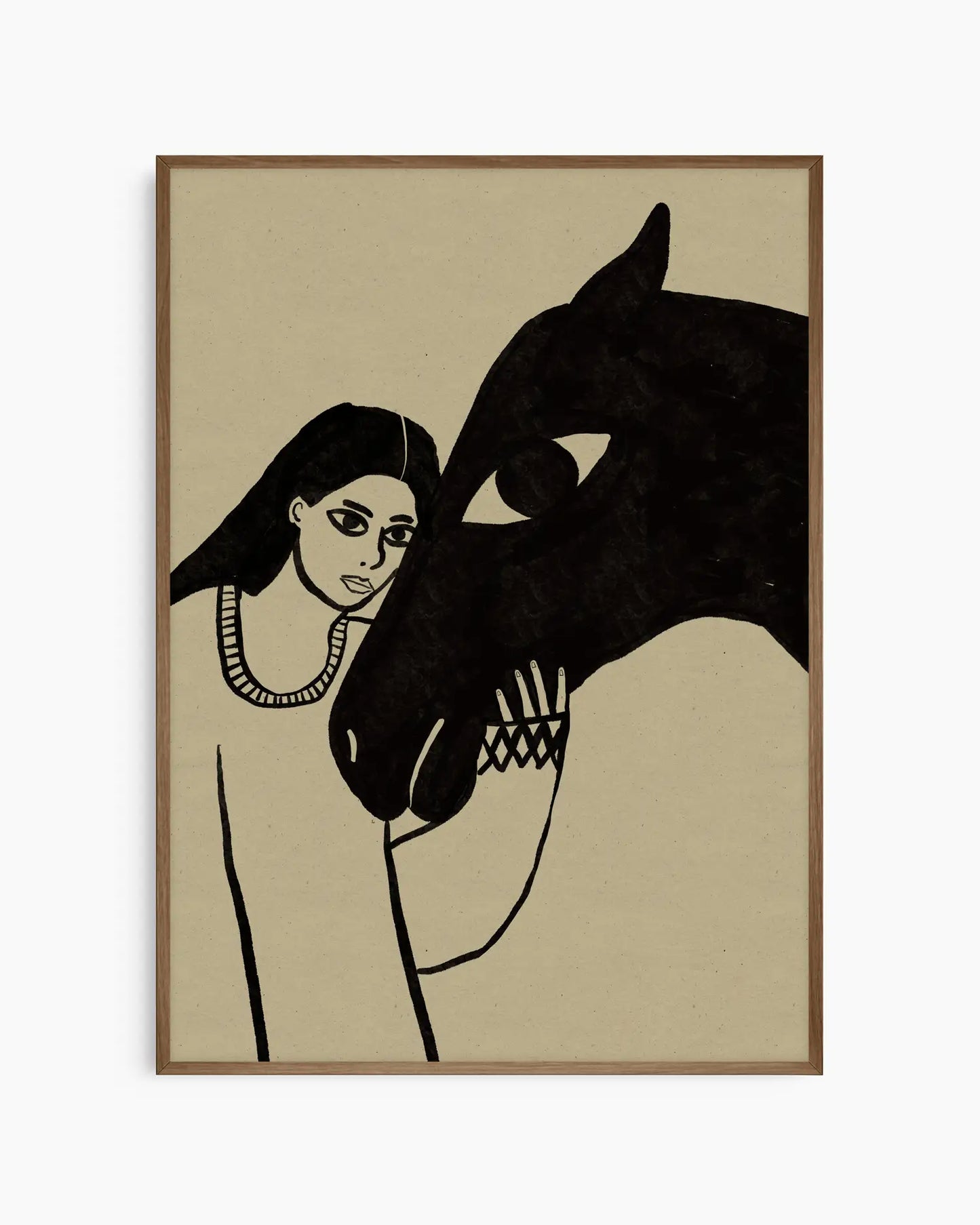 Illustration of a woman and a horse. Dark oak frame.
