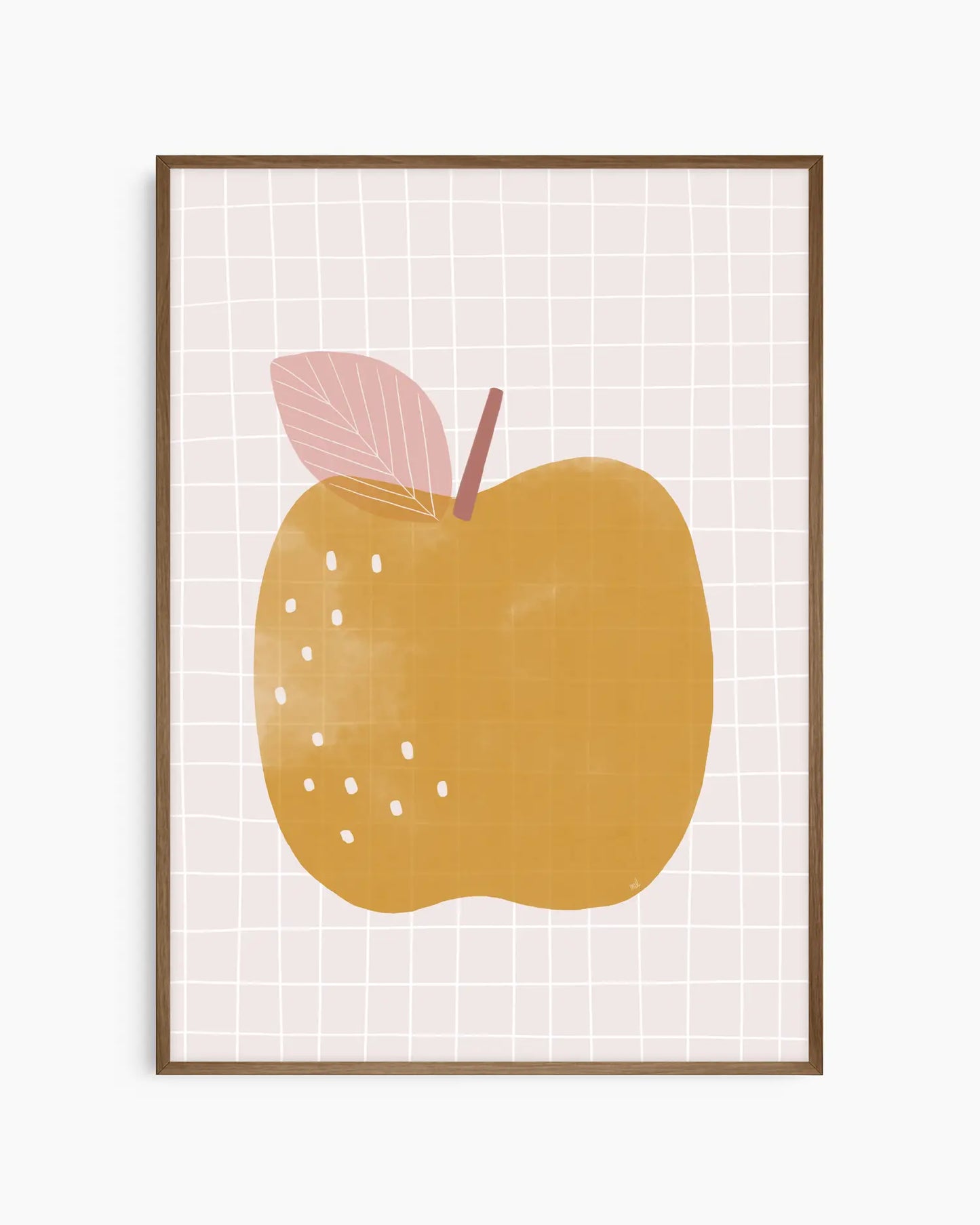 Framed artwork of a yellow apple with a pink leaf on a grid background