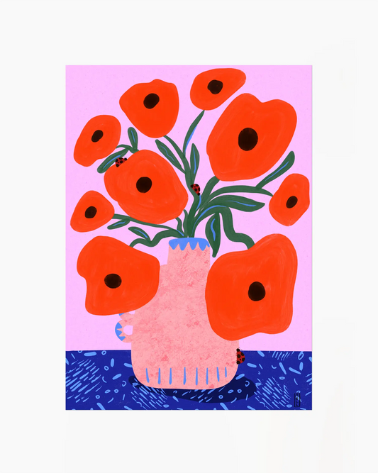 Illustration of a vase with red flowers on a pink and blue background