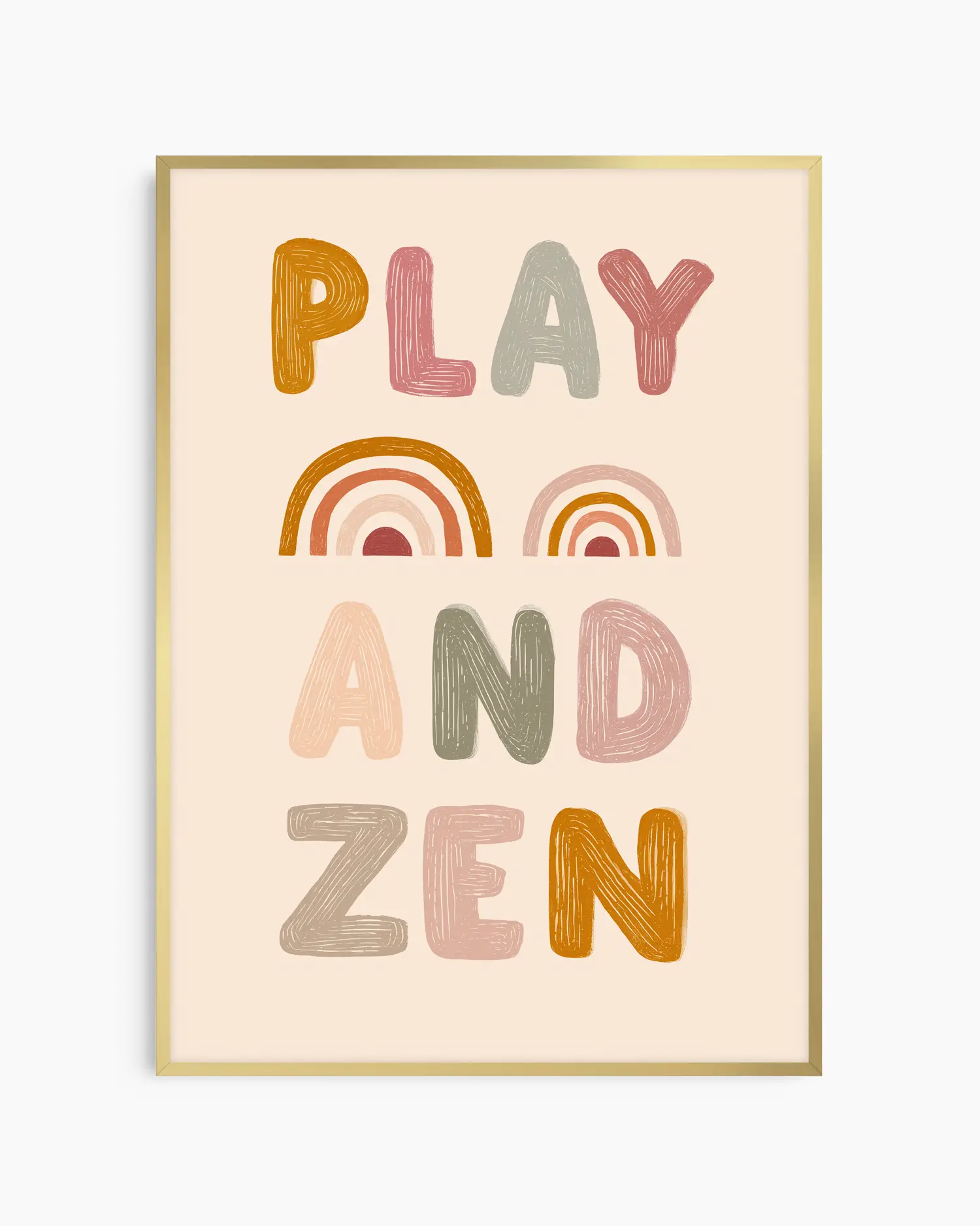 Framed artwork with 'PLAY AND ZEN' text and rainbow designs on a beige background