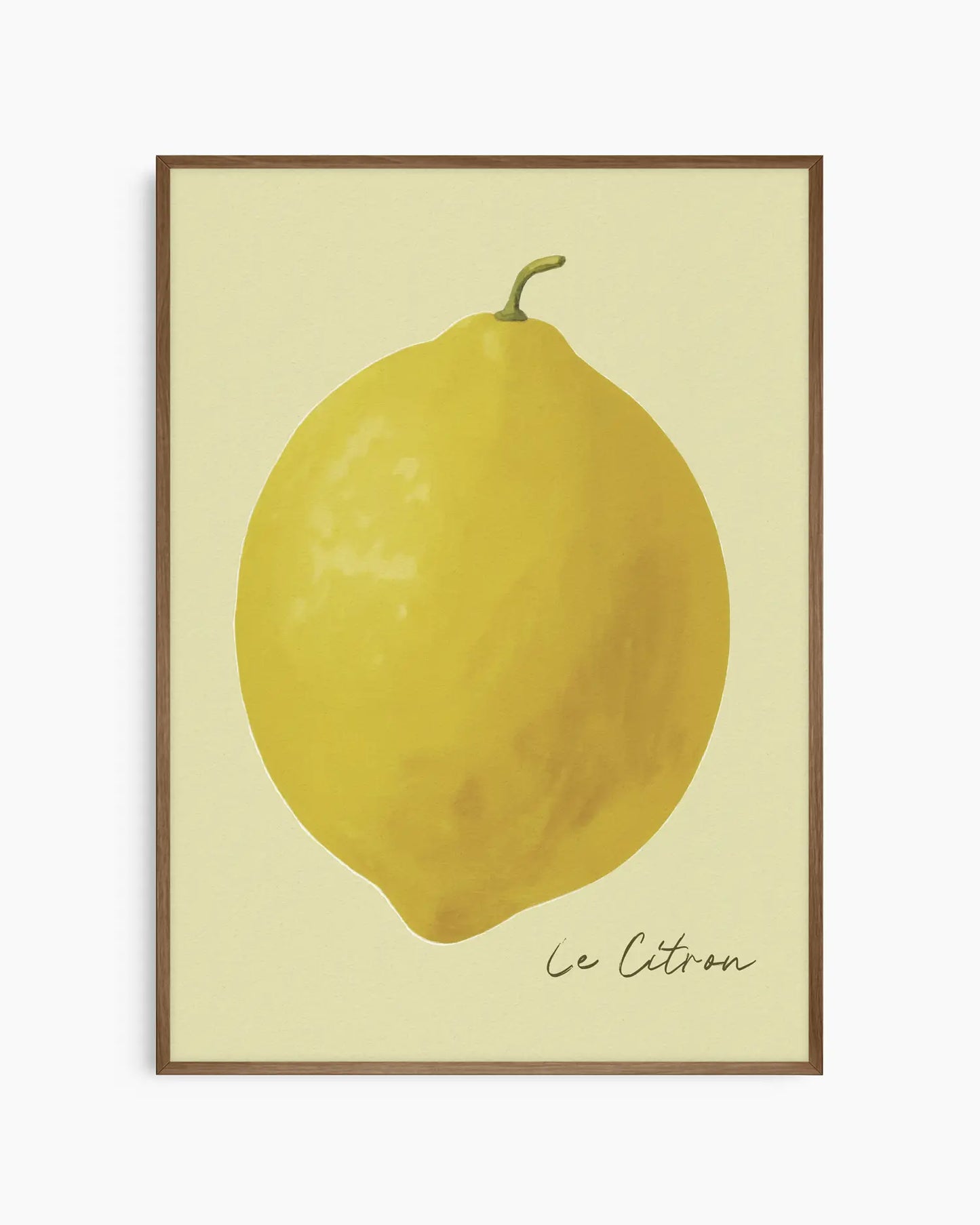 Framed artwork of a lemon with 'Le Citron' text on a light background in a smoked oak wooden frame.