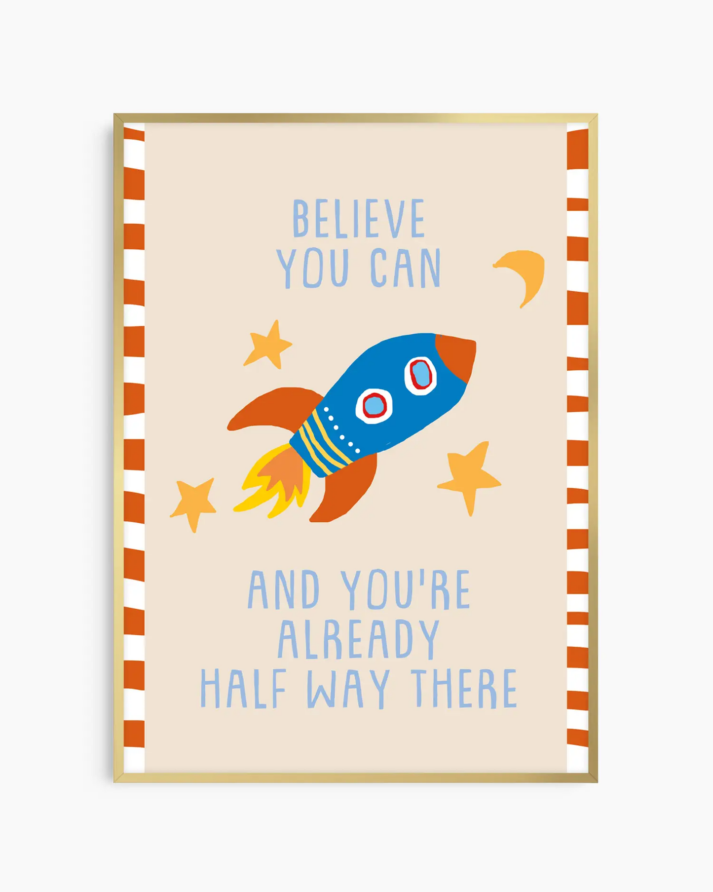 Motivational poster with a rocket ship and inspirational quote on a striped background