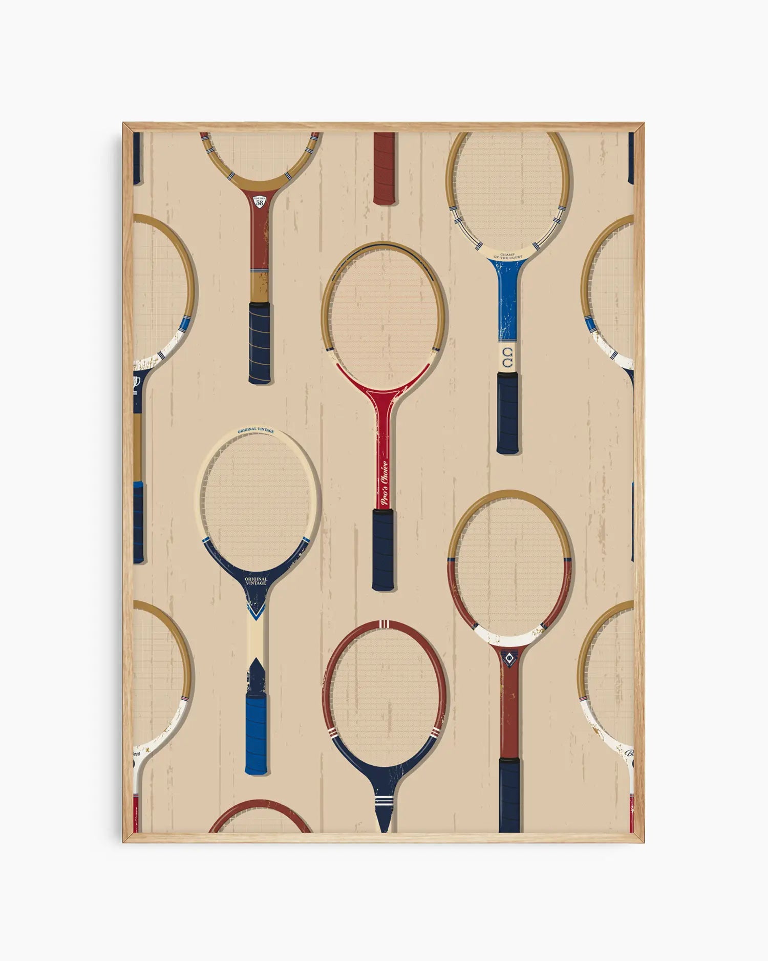 Pattern of tennis rackets on a wooden background
