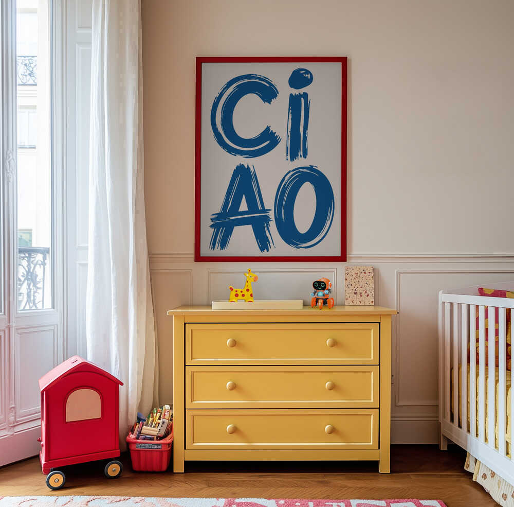 Framed poster with the text 'CIAO' written in blue hanging on the wall in the nursery.