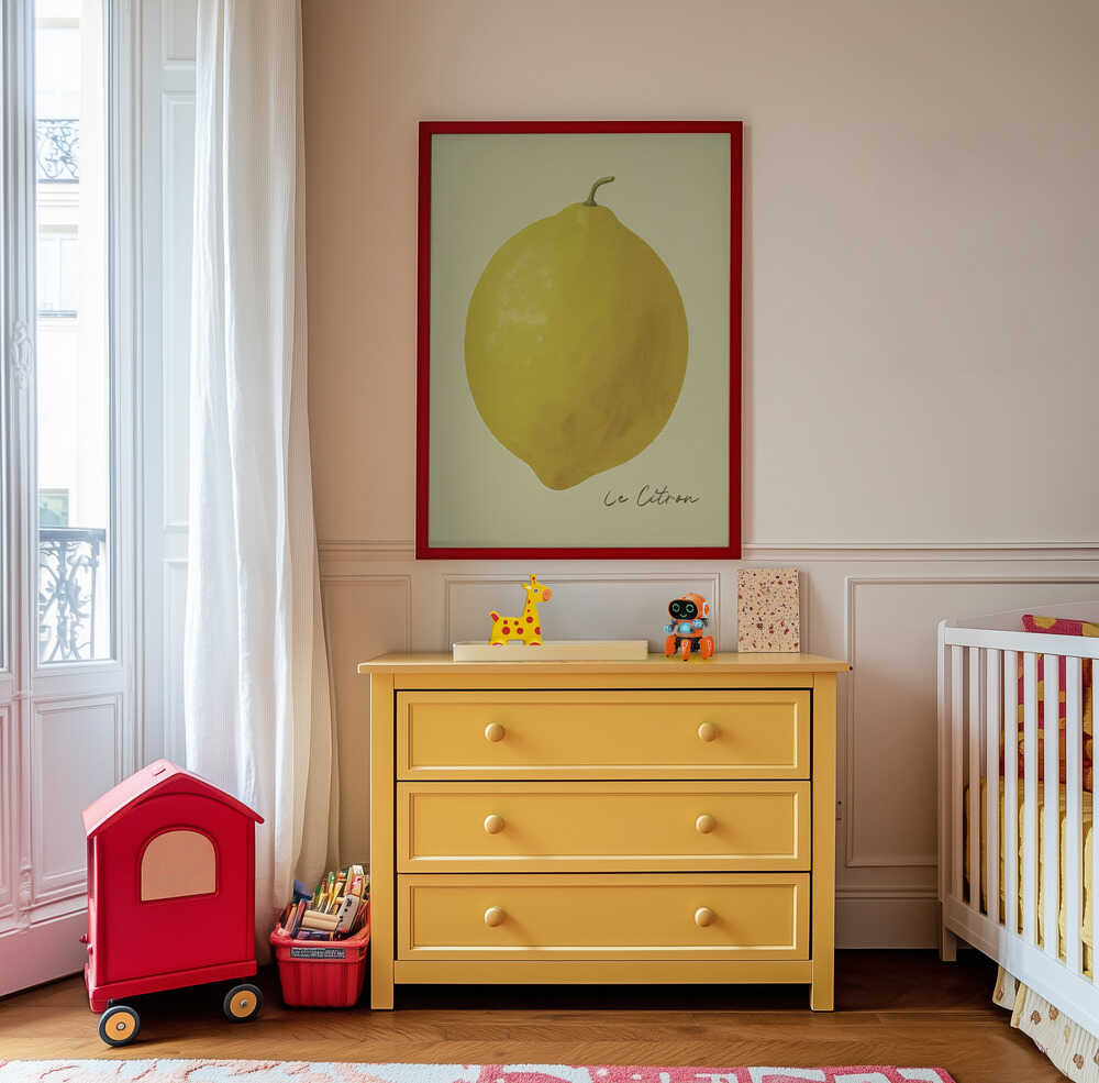 'Le citron' poster hanging on the wall above a yellow drawer