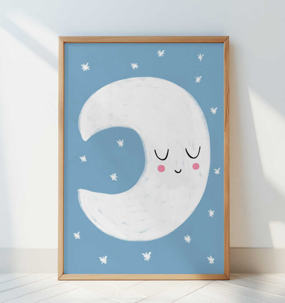 Dreamy moon art print in soft blue and white tones, adding a calm and magical touch to a bright nursery wall.