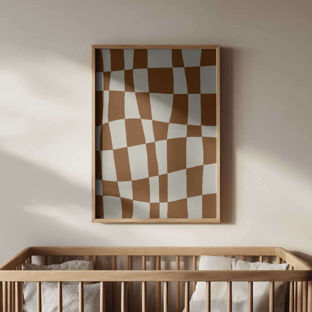 Neutral-toned abstract checkerboard poster framed in light wood and hanging above a baby’s crib. A calm, stylish art print that brings a modern touch to a minimalist nursery design.
