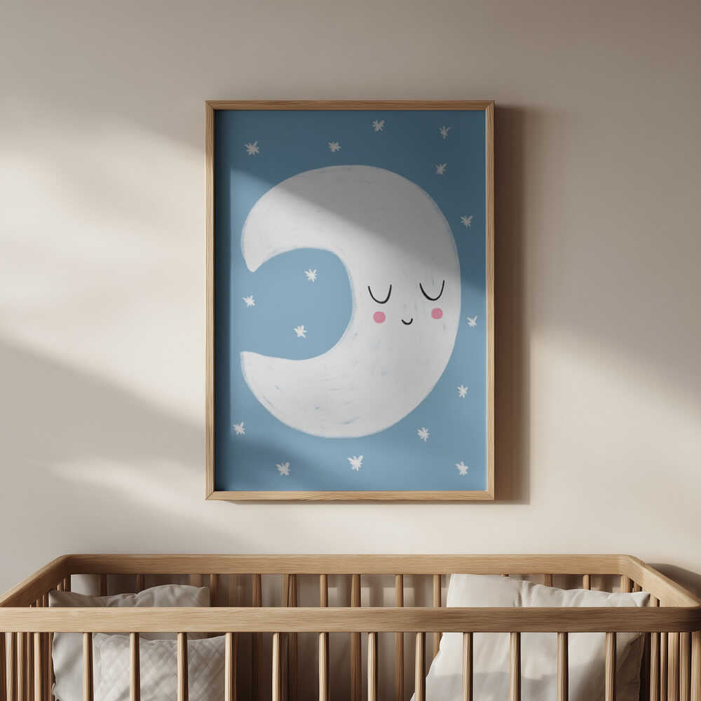 Framed Blue Moon artwork above a wooden crib, soothing Scandinavian nursery wall art that creates a peaceful bedtime atmosphere.