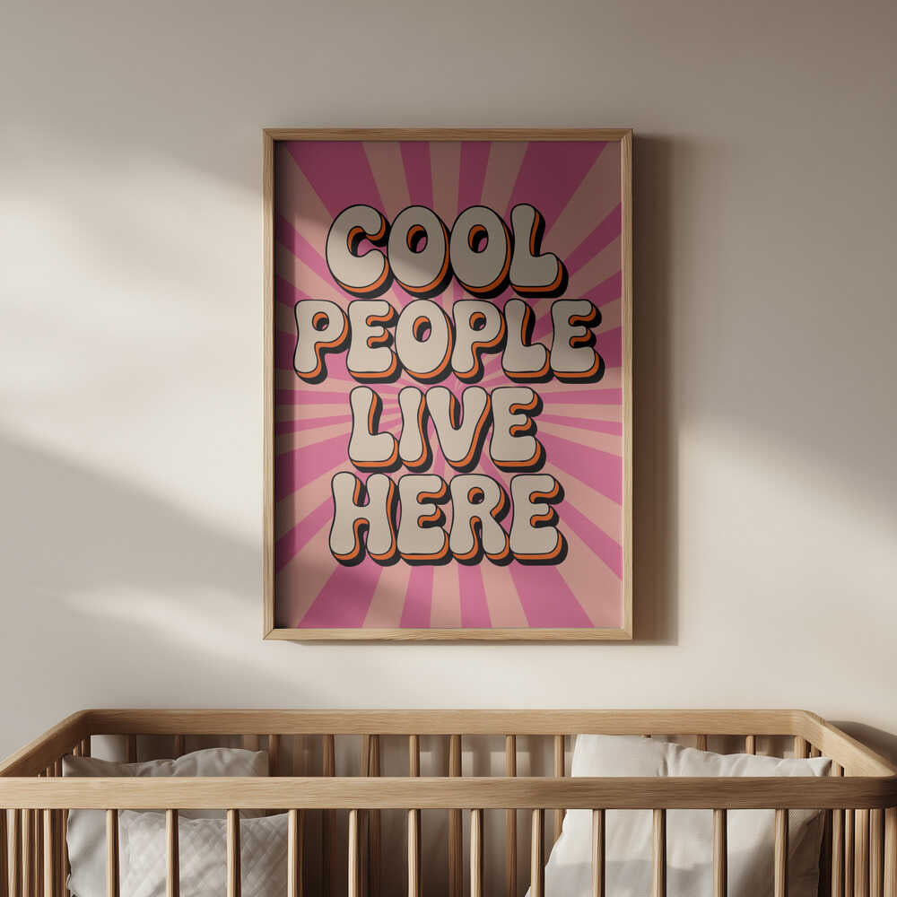 Nursery inspiration poster with 'Cool people live here' written on a pink striped background.